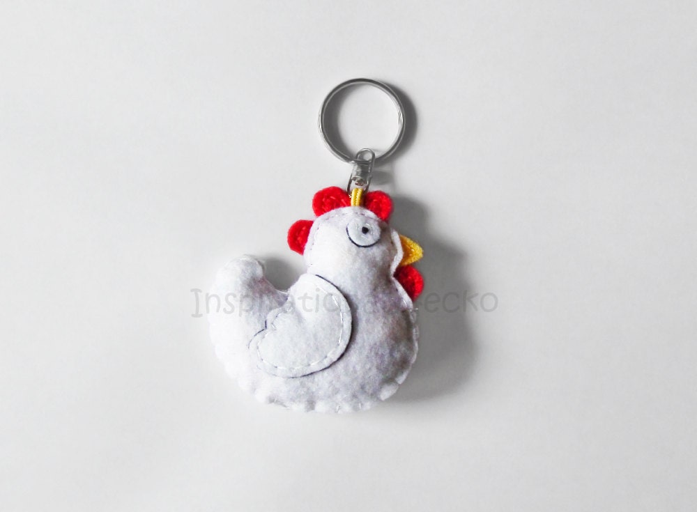 Felt chicken keychain cute white hen keyring and purse