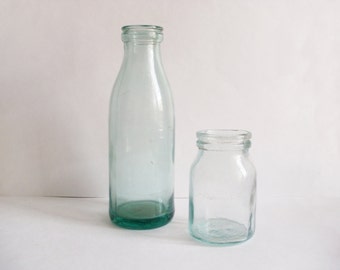 Teal glass milk bottle & cream jar Dairy bottles Minimalist country kitchen decor Soviet farmhouse Vintage milk bottles Retro photo prop