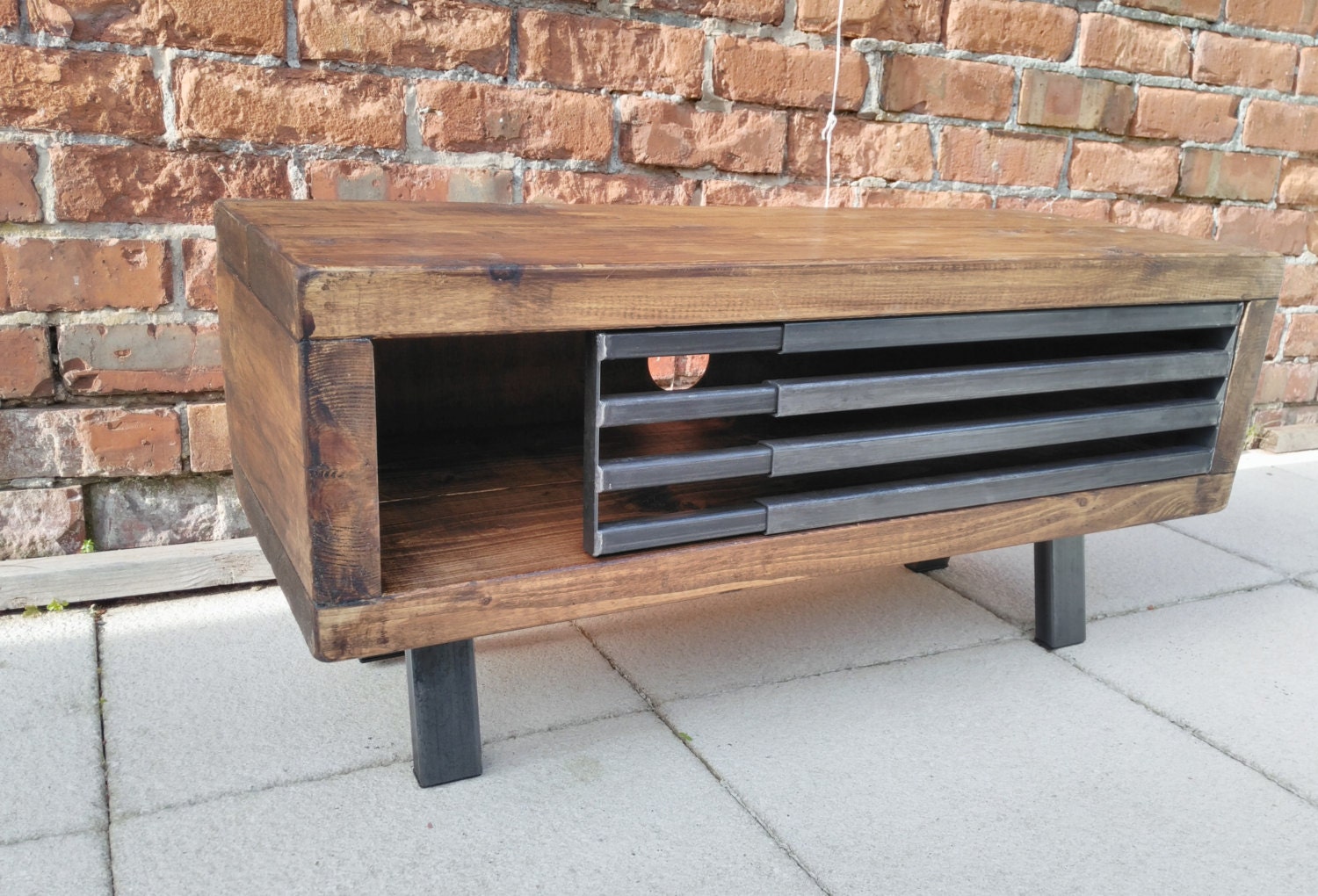 Tv stand rustic industrial tv stand unit with sliding metal