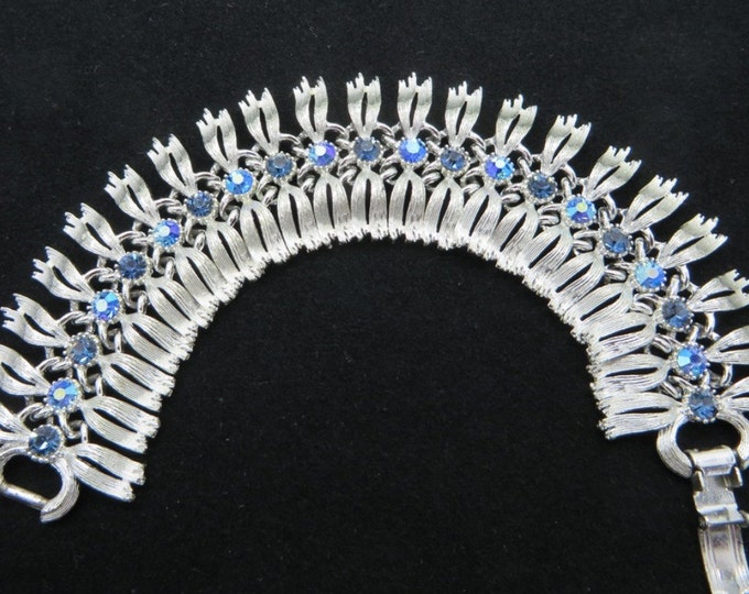 Lisner Blue AB Rhinestone Bracelet, Estate Vintage Egyptian Revival Silver Tone Bracelet