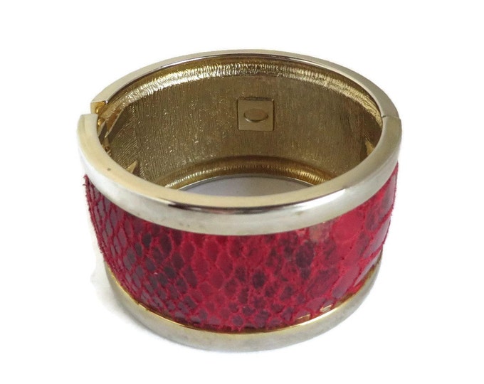 Chunky Red Bracelet, Vintage Clamper Bracelet, Wide Cuff, Chunky Bangle, Red Faux Snakeskin Bracelet