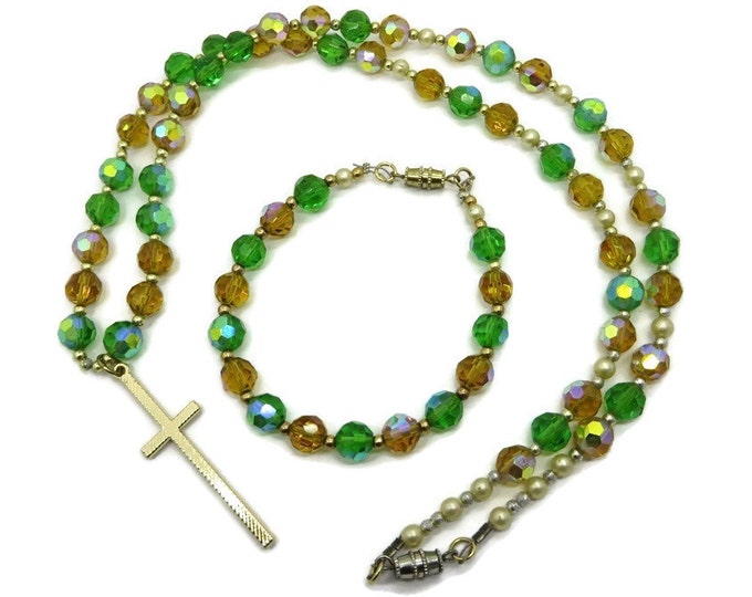 Cross Necklace Set, Rhinestone Bracelet Set, Vintage Green, Orange Beaded Bracelet, Necklace, Religious Demi Parure, Gift for Her