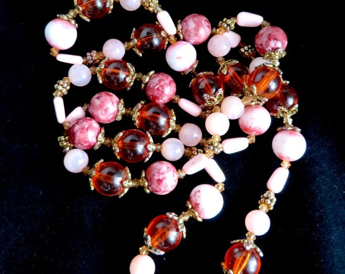 Pink Lucite Necklace, Confetti Necklace, Vintage Long Beaded Necklace, Pink and Coral Necklace, Long Necklace