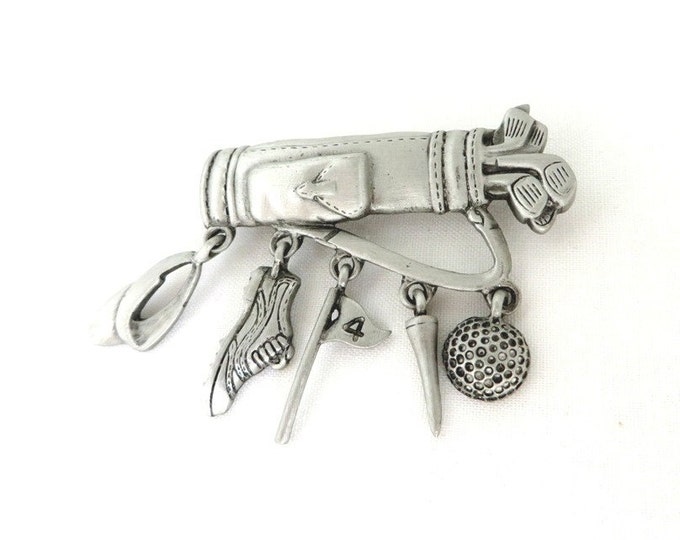 Vintage JJ Golf Bag Brooch, Pewter Pin, Dangling Golf Accessories