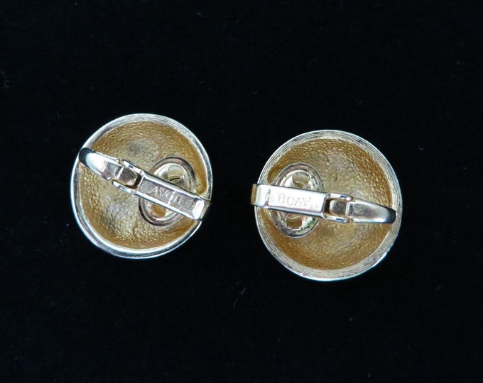 AVON Button Earrings, Vintage Gold Tone Tailored Earrings, Basketweave Clip-on Earrings