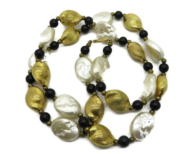 Black White and Gold Glass Bead Vintage Necklace, 29 Inch Length