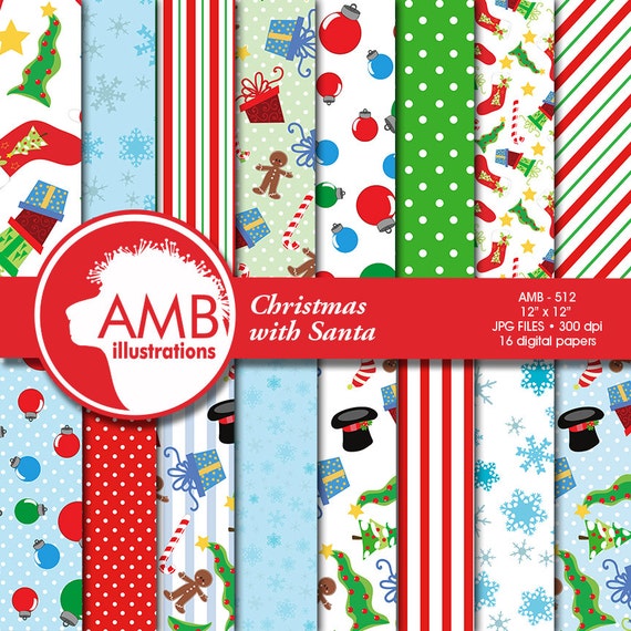 Christmas Digital Paper, Christmas papers and Patterns, Santa scrapbook papers, commercial use, AMB-512 Il_570xn