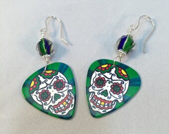 Sugar Skull Earrings, Day of the Dead, Guitar Pick Earrings, Skull Earrings, Sugar Skull Jewelry, Skull Jewelry, Dia de Los Muertos