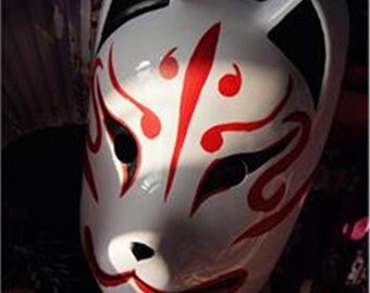 Full Face Hand-Painted Japanese Fox Mask Kitsune Cosplay Masquerade Halloween