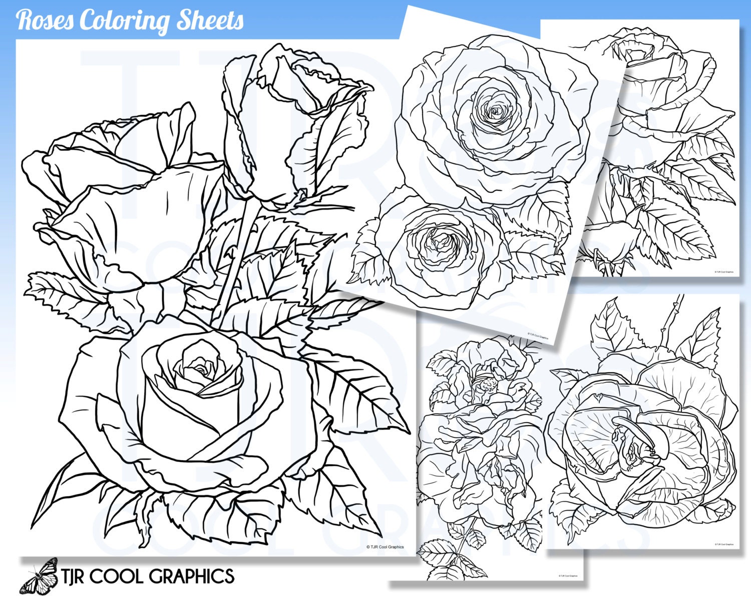 Roses Coloring Sheets Adult Digital Realistic JPG Printable