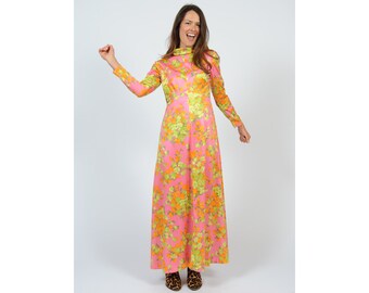 Vintage 70s Pink Floral Maxi Dress Miss Magnin Small