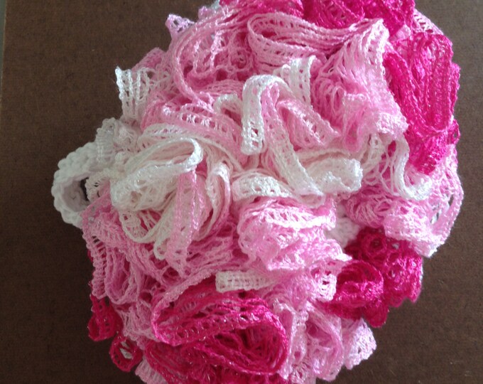 ruffled pink and white crochet purse