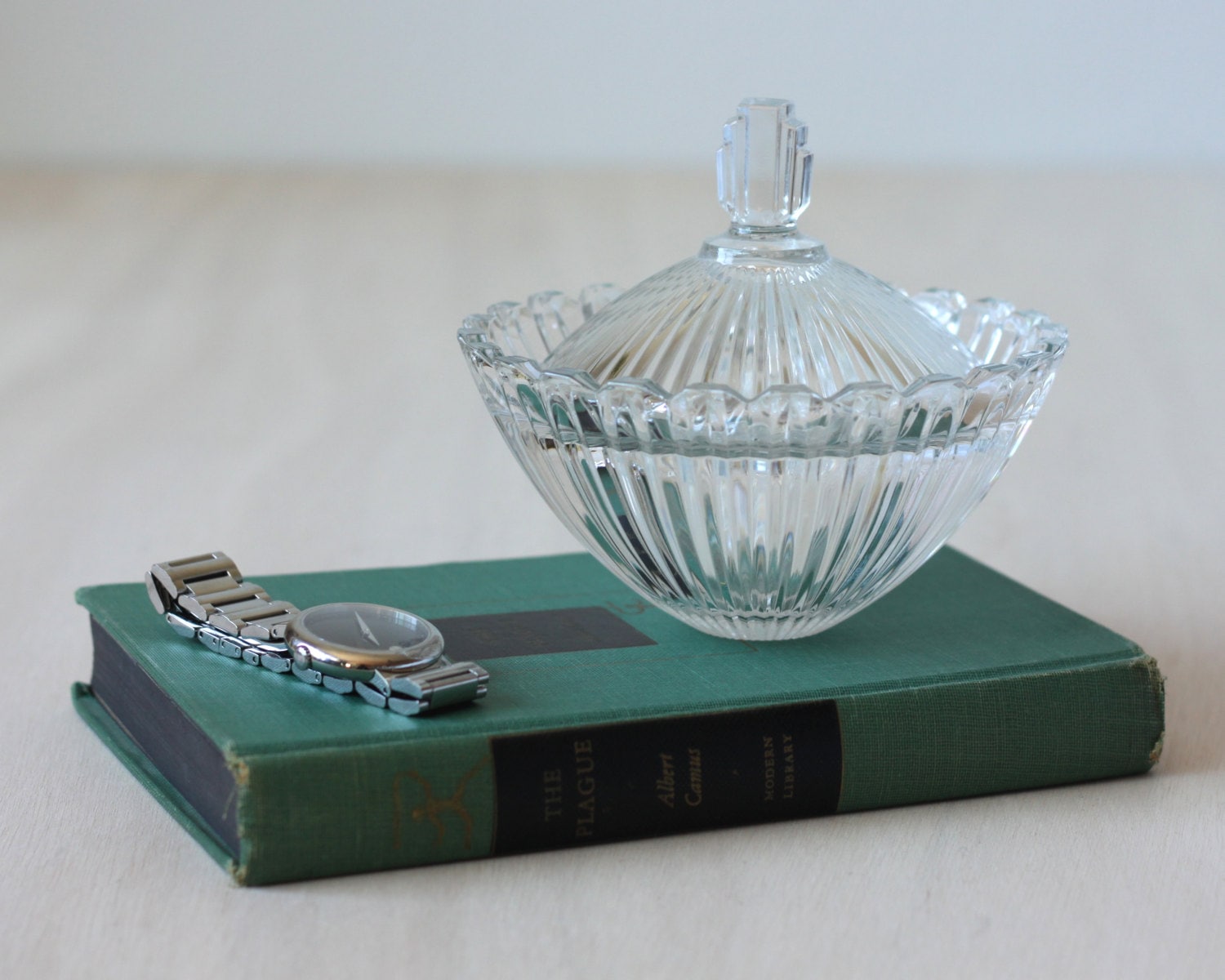 Vintage Crystal Candy Dish with Lid Art Deco Candy Dish