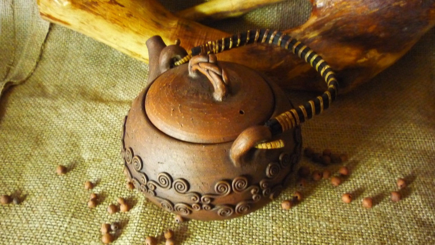 Rustic teapot Ceramic TEA POT with Wooden Handle Unglazed