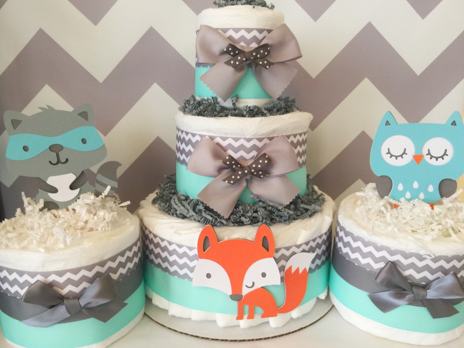 SET OF 3 Woodland Diaper Cakes in Mint Grey and White