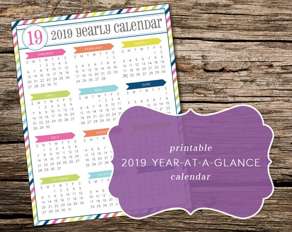 Printable 2019 Year at a Glance Calendar By TrewStudio On Etsy