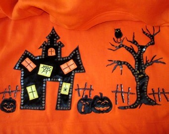 Halloween Sweatshirt Orange & Black Vintage X-LG Adult Women Ladies Spooky Scene Black Velvet Witch Sequin Full Moon Pumpkins Haunted House