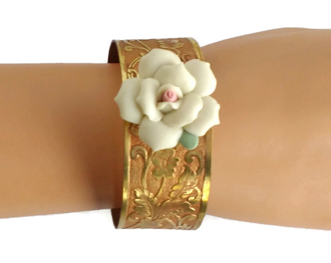 Adjustable Hand Painted Etched Floral Brass Cuff Bracelet with Vintage Ceramic Flower