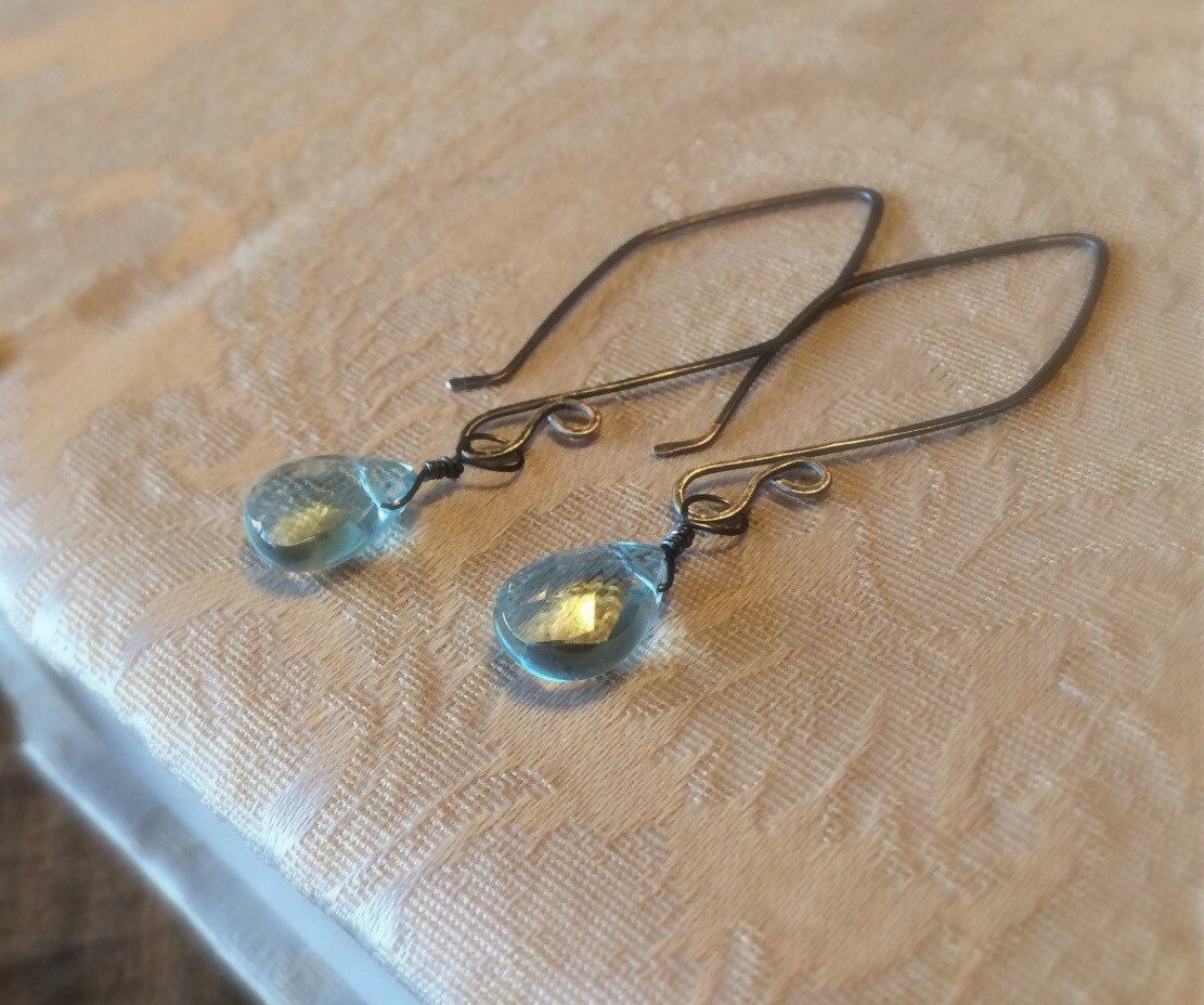 Handmade Statement Earrings Aqua Blue Quartz Teardrop