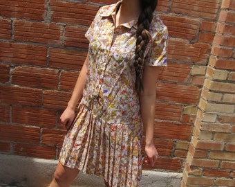 Vintage Floral Pleated Skirt Dress Size 14.5