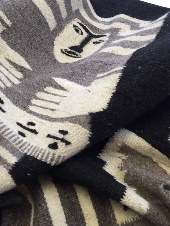 SALE Black and White Handwoven Wool Mexican Camp Blanket