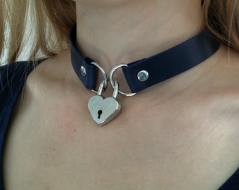 Dark blue leather choker BDSM halsband Women lock collar necklace BDSM collar leather Heart lock necklace Silver heart padlock with keys