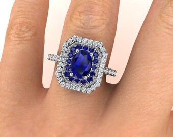 Diamond Wedding Ring, Blue Sapphire Engagement Ring, Double Halo Diamond Rings, Sapphire And Diamonds Breathtaking Ring, Proposal Ring