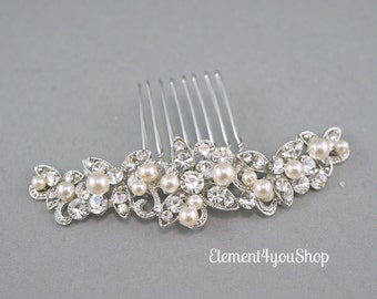 Bridal rhinestone comb, Wedding hair comb, Wedding hair piece, Bride hair comb, Wedding head piece, Formal hair do, Ivory white pearl comb