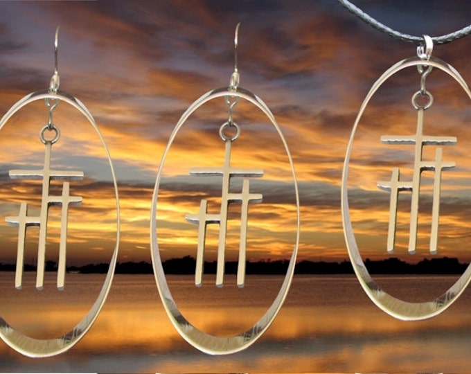 Calvary 3 Cross Hoop Earrings Necklace Pendant Set Silver Gold Cross Christian Jewelry - Saint Michaels Jewelry - Calvary Three Cross
