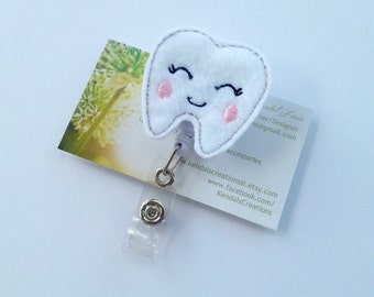Kawaii Tooth Retractable Badge Holder/Tooth ID Badge Reel/Dentist/Dental Hygienist/Teacher/Student, Swivel Alligator or Slide Clip Style