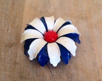 Vintage red-white-& blue, enamel flower, metal brooch- 4th July pin