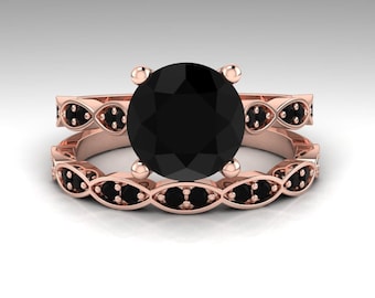 Black Diamond Engagement Rings, Black Diamond Rings, Floral Wedding Rings, 14K Rose Gold Engagement Rings, Solitaire Engagement Ring