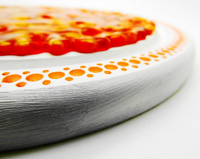 Orange casserole/plant stand. Fused glass / wood round pot stand. Table centre, condiment holder. Pan stand. Housewarming gift. Home decor
