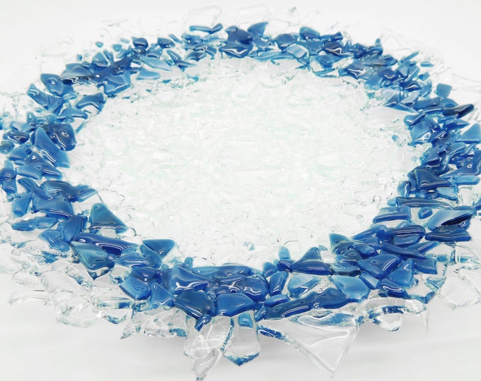 Blue and clear round fused glass dish. Shallow decorative ornamental plate, platter. Handmade glassware. Wedding birthday housewarming gifts