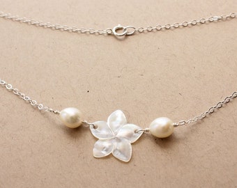 Delicate Plumeria Pearl Necklace, Delicate Pearl Frangipani Necklace, Hawaiian Plumeria Necklace, Beach Wedding Necklace, Bridesmaid Gifts
