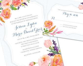 Floral Watercolor Wedding Invitation | Script Wedding Invitation | DIY Option Available | Invitation | RSVP | Info Card #136