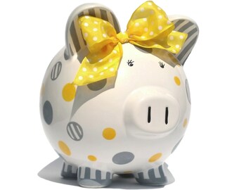 Dots and Stripes - Personalized Piggy Bank Ceramic - Hand-painted - Large Size (8" X 7.5" X 7")
