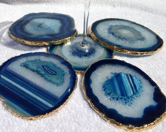 Agate Geode, Coaster,Blue,Gold Slice,Large, Blue Agate,Druzy,Geode Stone,Gold,Coasters, 4", Brazilian,Stone ,with Felt Pad Bumpers
