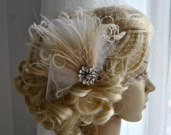 Bridal Veil and fascinator Downton Abbey 1920's flapper headpiece ivory, Great Gatsby, birdcage veil set, Feather fasciantor