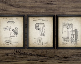 Bathroom Patent Print Set Of 3 - Toilet Roll - Cistern - Lavatory Design - Loo - Bathroom Art - Set Of Three Prints #1205 - INSTANT DOWNLOAD