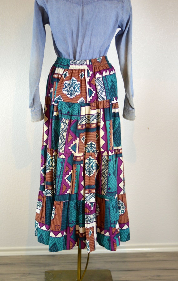 90s Vintage Southwestern Print Tiered Maxi Skirt Full Length