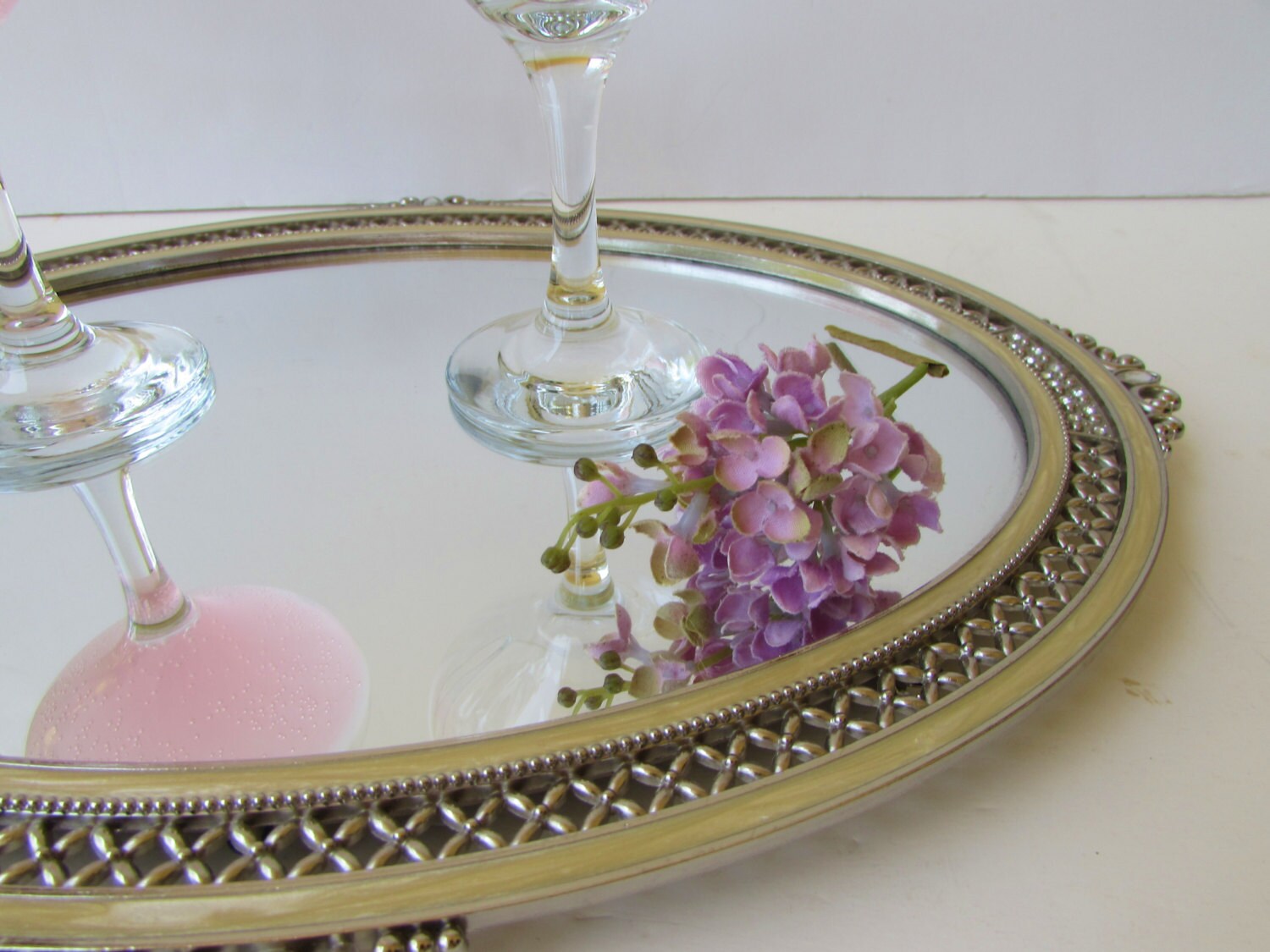 Vintage Oval Mirror Vanity Tray Enamel Rhinestone Vanity