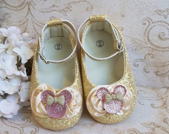 Pink and Gold Minnie Mouse First Birthday Outfit - Gold Sequin Minnie Mouse Shoes - Minnie Mouse Pink and Gold Birthday