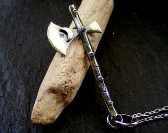 Silver Axe Pendant miniature weapon with crescent moon and star and wood texture with silver chain