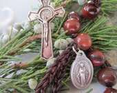 Men's Decade Red Poppy Jasper Rosary,  Modern Mens Decade Tenner, Gemstone Leather Catholic Rosary, Unique Christmas Gift for Fathers & Sons