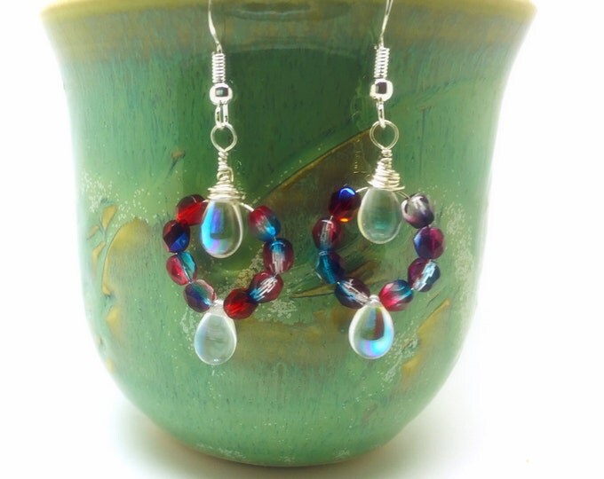 Red and blue earrings, two tones drop, blue crystal jewelry, teardrop crystal earrings
