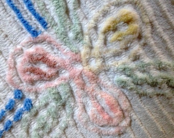 VINTAGE CHENILLE BEDSPREAD, Double Chenille Bedspread, Shabby Chic Bedspread, Mid-Century Bedspread, White Pink Green Blue Yellow Bedspread!