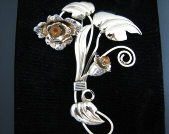 Unique Swirled Tall Flower Brooch with Brown Stones