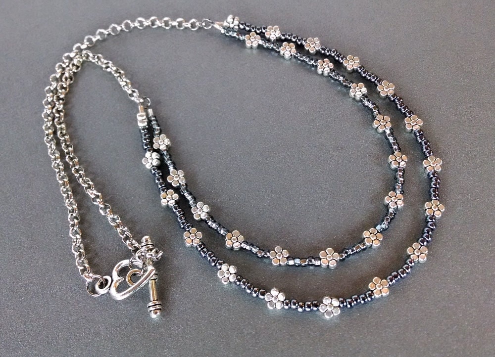 Silver flower beaded necklace simple beaded necklace seed