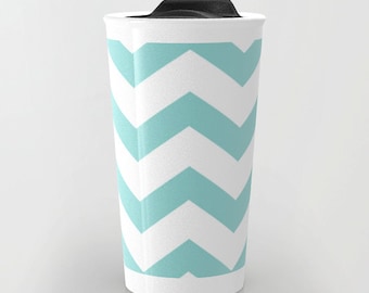 Blue Chevron Travel Mug - Ceramic Travel Mug With Lid - Gift For Women - Aldari Home
